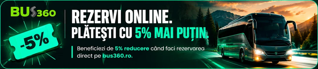 Bus360: rezervi online și plătești cu 5% mai puțin — reducere de 5% când faci rezervarea direct pe bus360.ro